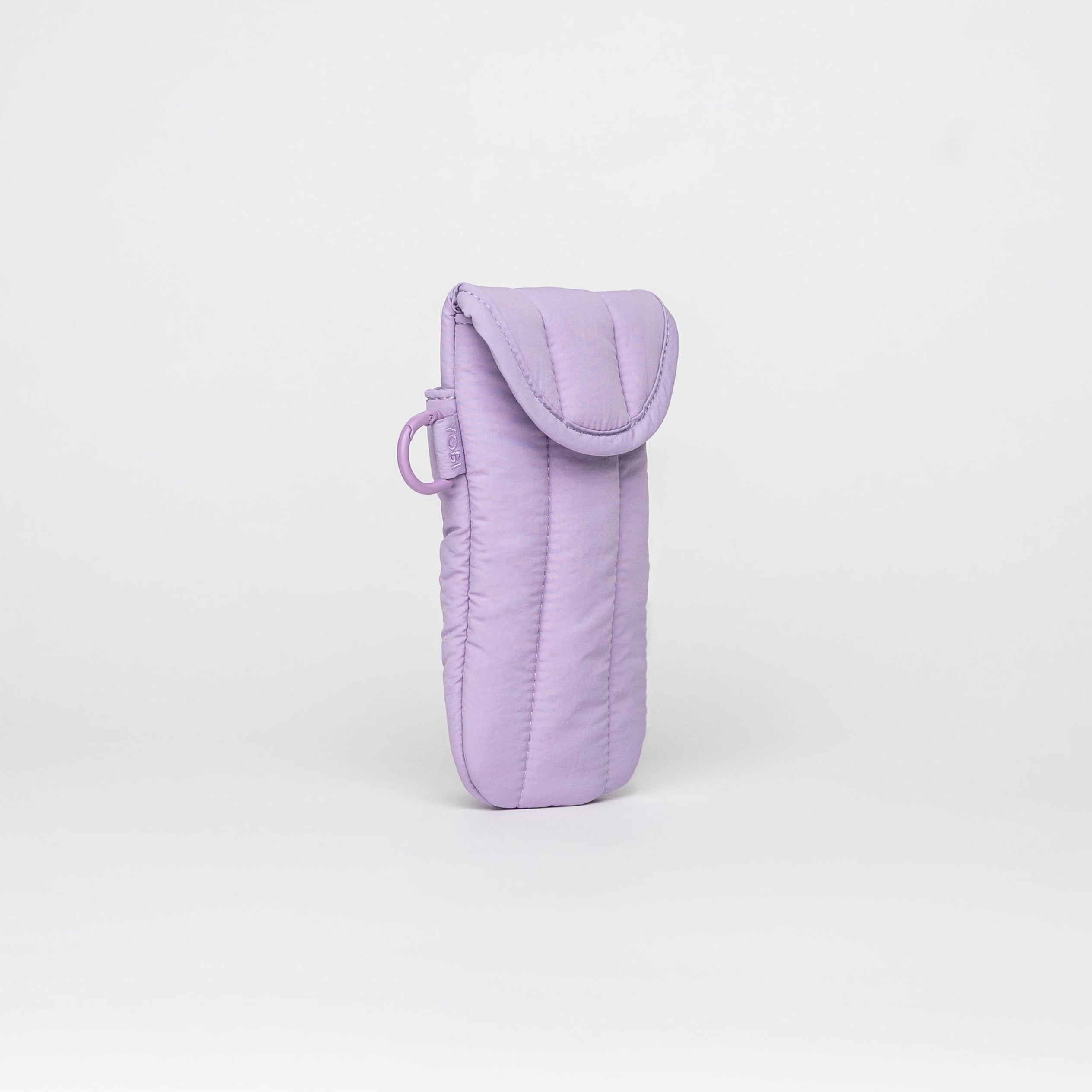A light purple quilted phone pouch with a flap closure and a small side loop, centered on a clean white studio background.