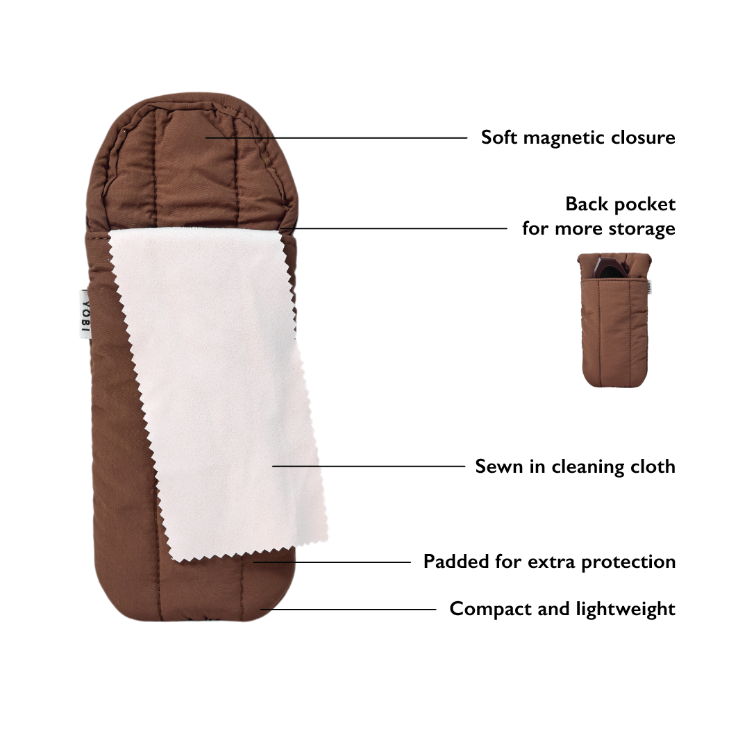 Glasses case that holds two pairs of glasses and has a sewn-in cleaning cloth