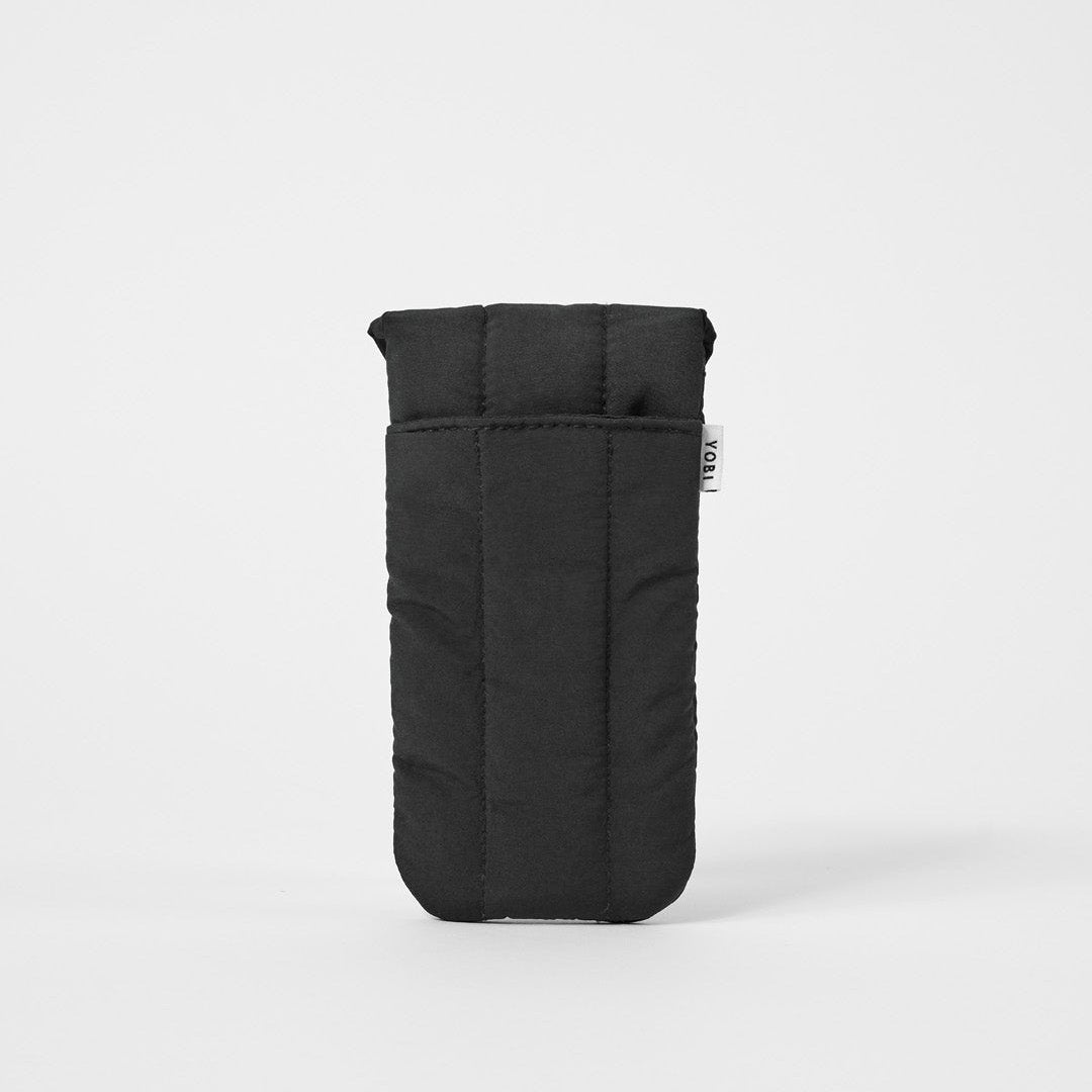 Minimalist puffy glasses case with soft padding, black fabric with back pocket