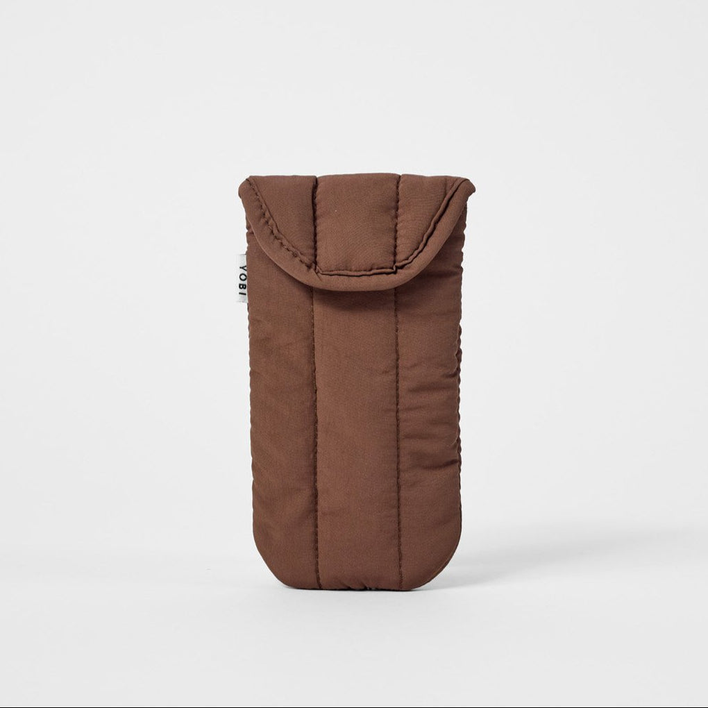 Minimalist puffy glasses case with soft padding, brown fabric, fits 2 pairs