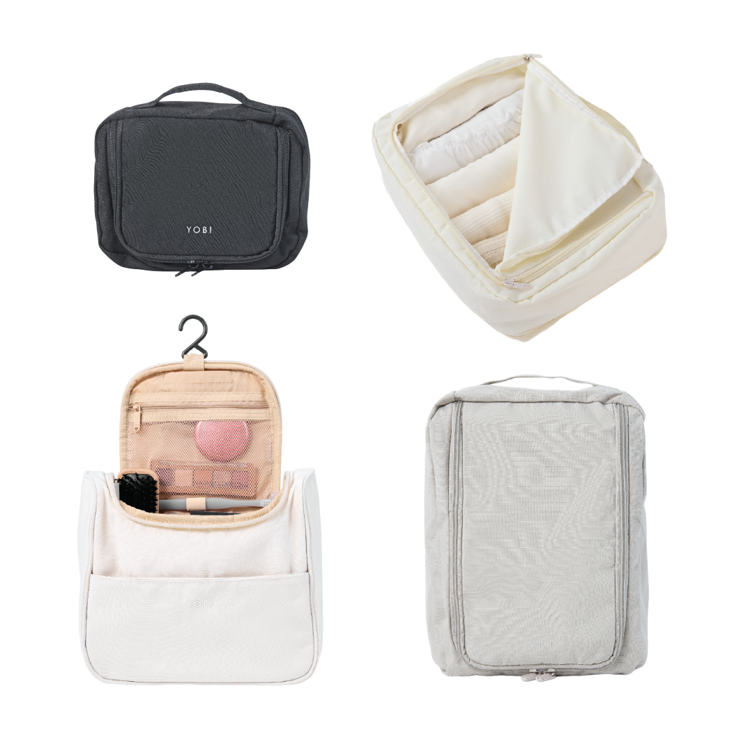 4 piece travel packing cubes to organise clothing, toiletries and shoes