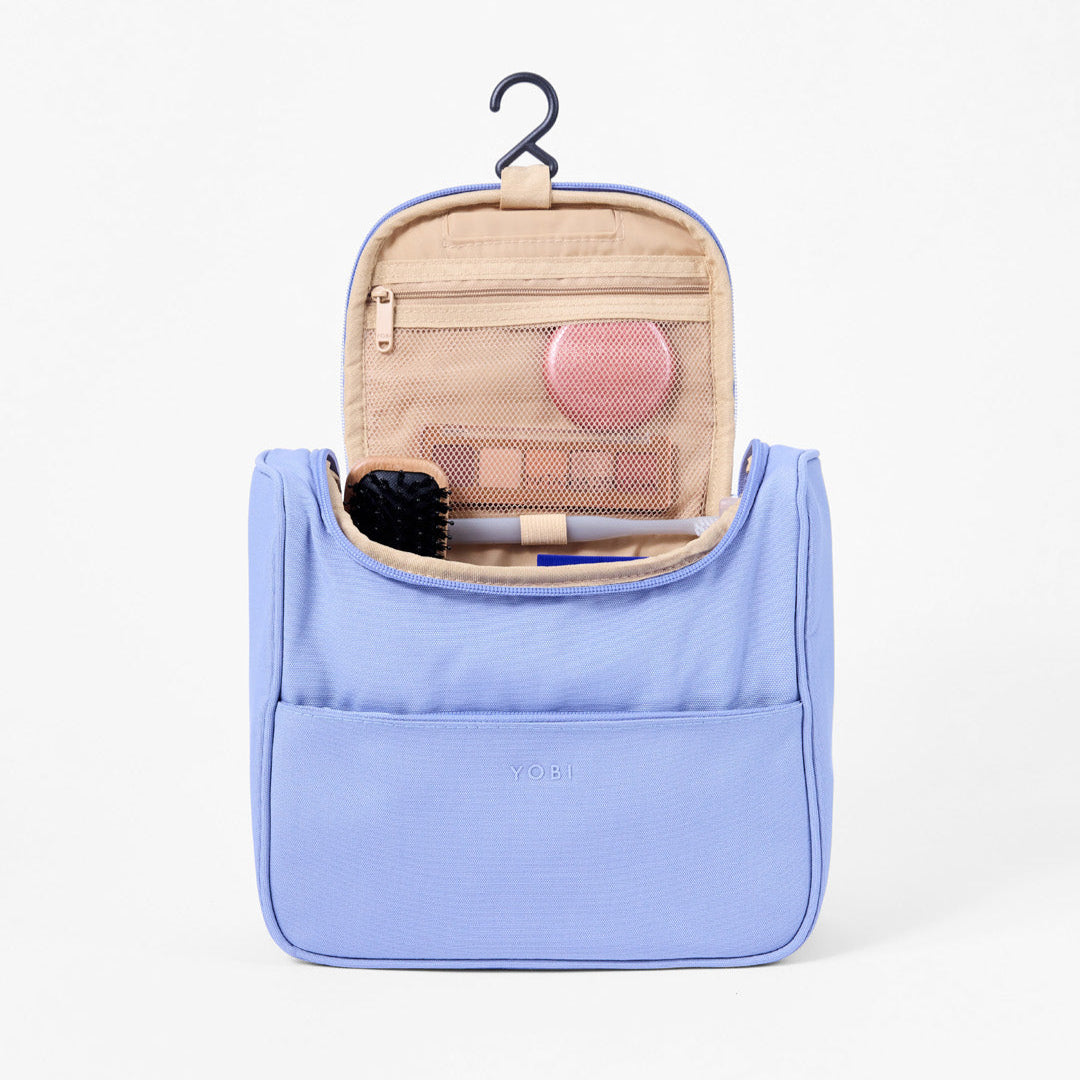 Hanging hook attached on Toiletry Bag to allow for easy hanging