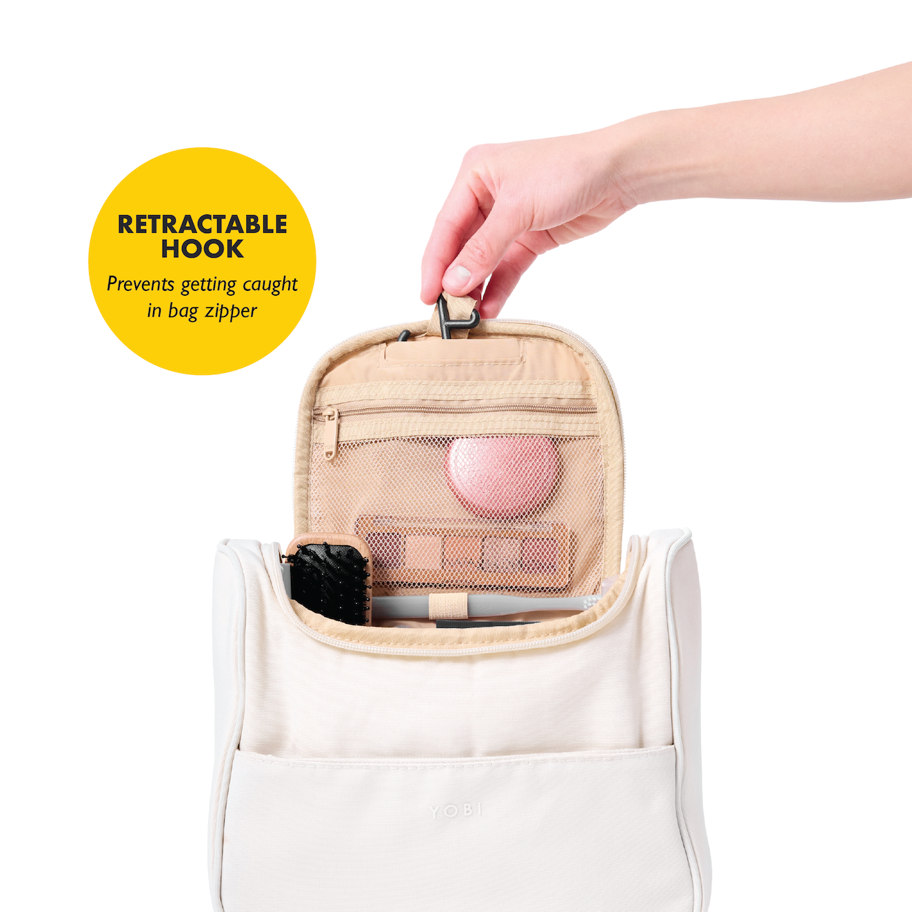 Spacious toiletry bag featuring 11 pockets and a retractable hook for easy organisation.