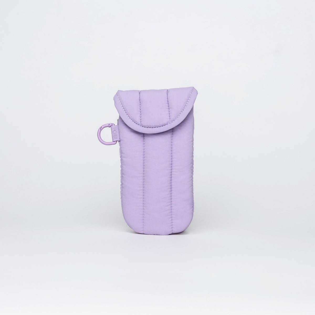 A light purple quilted fabric pouch with a flap closure and a small matching loop, centered on a clean white studio background.