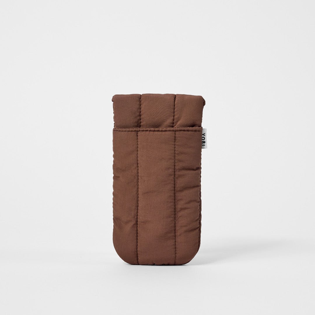 Minimalist puffy glasses case with soft padding, brown fabric with back pocket