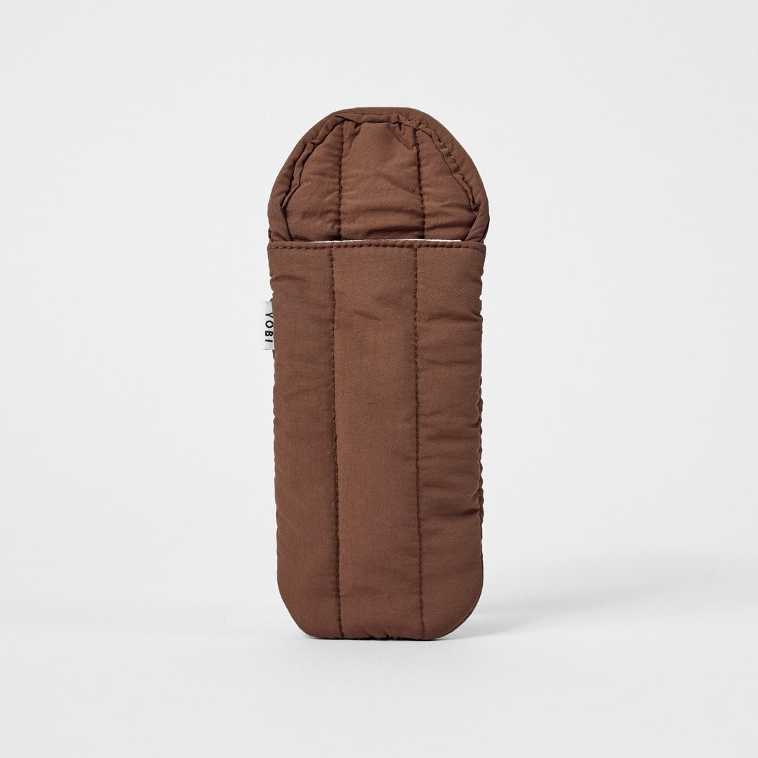 Minimalist puffy glasses case with soft padding, brown fabric