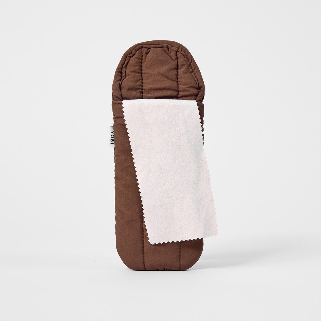 Minimalist puffy glasses case with soft padding, brown fabric with sewn in cleaning cloth