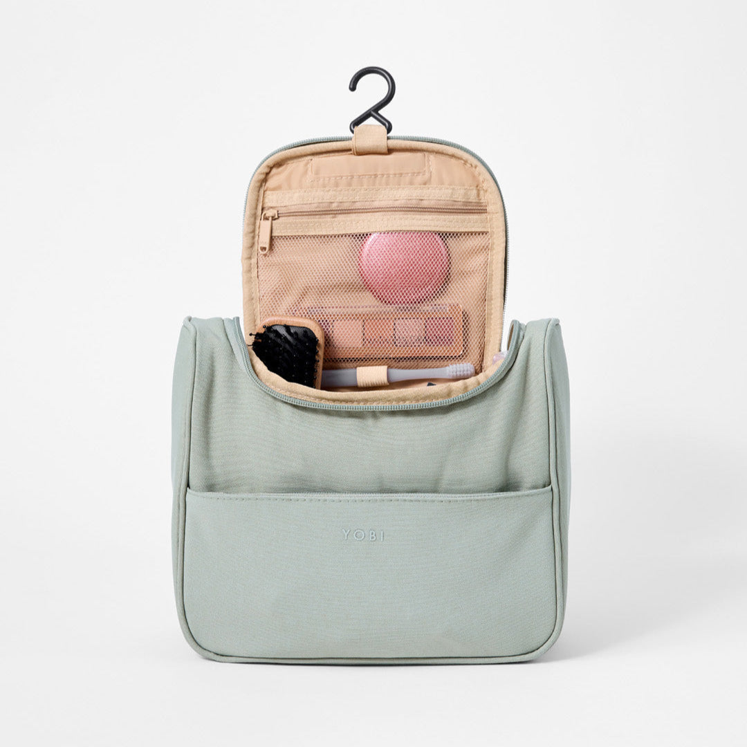 Spacious travel makeup bag with 11 pockets for makeup and skincare