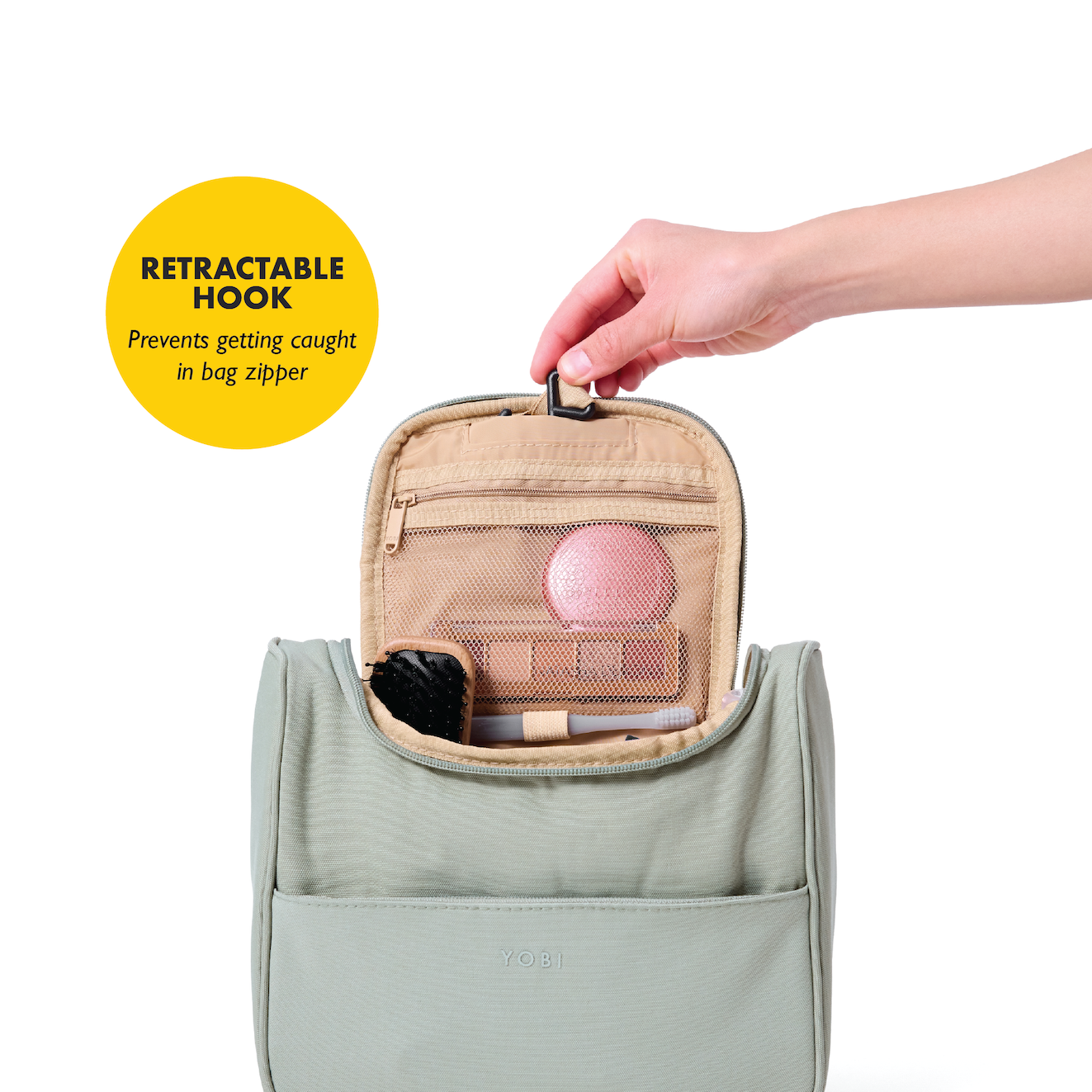 Toiletry case with 11 pockets and a retractable hook for convenient hanging